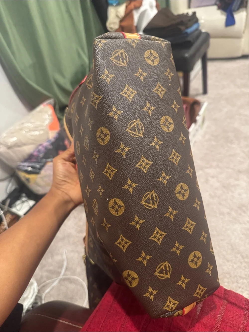 SHEIN Brown Monogram Shoulder Bag with Tan and Red Trim